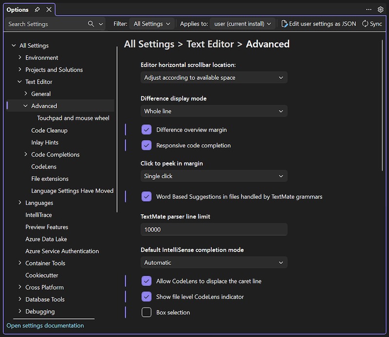 Advanced editor choices