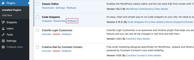 Plugin rollback options