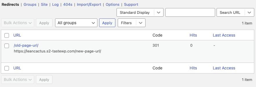 Redirect log settings