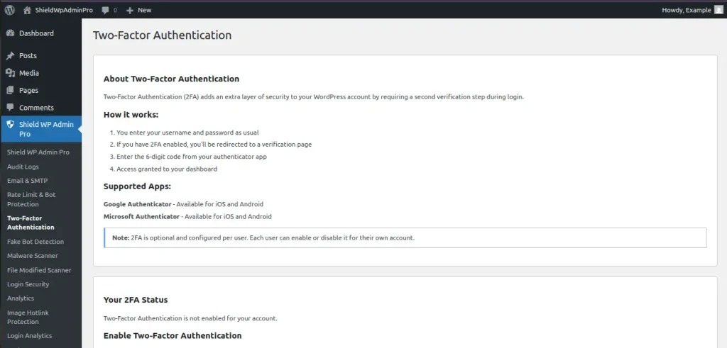 WordPress administrator dashboard verification