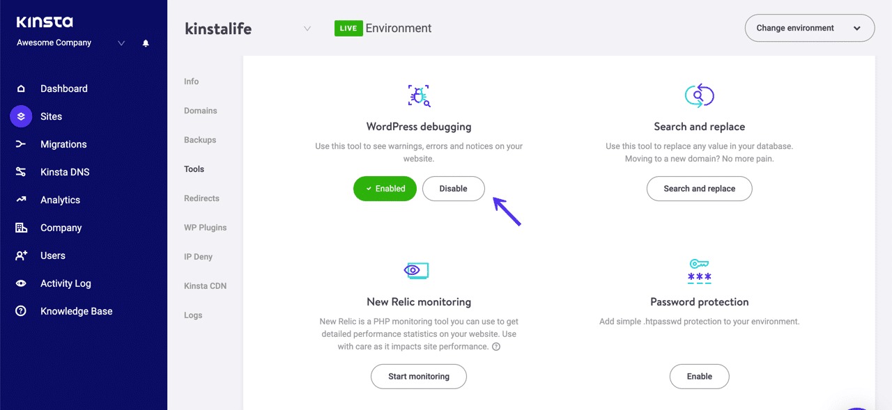 WordPress debug settings
