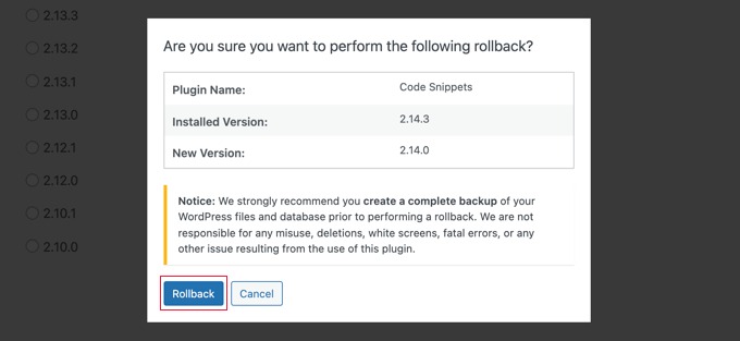 WordPress rollback data